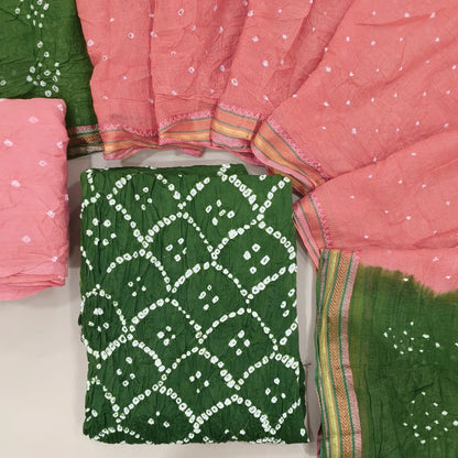 Leafy green bandhini tie and dye pure cotton unstitched salwar material,(lining needed)peachish pink tie and dye cotton bottom,dual shaded tie and dye mul cotton dupatta with resham borders. OC261309