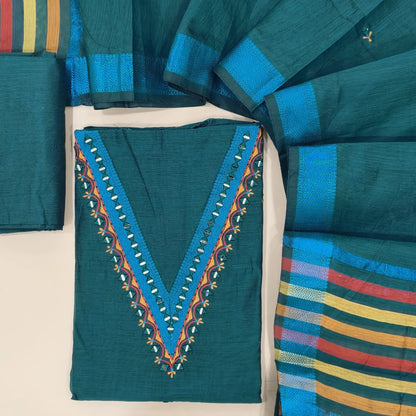 Designer peacock green silk cotton unstitched salwar material, thread borders and real mirror(lining needed)silk cotton bottom,embroidery and real mirror silk cotton dupatta with blue zari borders & pallu. OC261318