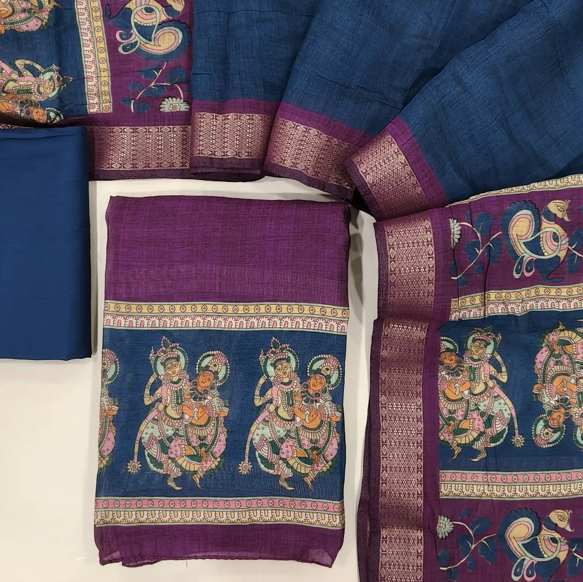 Dark purple chanderi silk cotton unstitched salwar material, digital printed daman,(lining needed) blue spun cotton bottom, full length premium chanderi silk cotton dupatta with digital printed pallu & tissue borders. OC261303