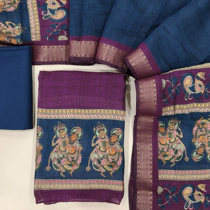 Dark purple chanderi silk cotton unstitched salwar material, digital printed daman,(lining needed) blue spun cotton bottom, full length premium chanderi silk cotton dupatta with digital printed pallu & tissue borders. OC261303