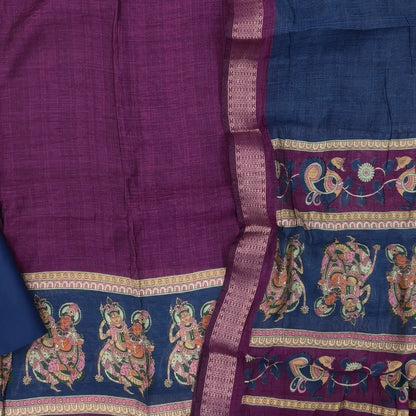 Dark purple chanderi silk cotton unstitched salwar material, digital printed daman,(lining needed) blue spun cotton bottom, full length premium chanderi silk cotton dupatta with digital printed pallu & tissue borders. OC261303