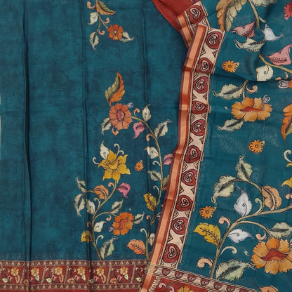 Dark teal green chanderi silk cotton unstitched salwar material, floral printed all over,(lining needed) spun cotton bottom, digital printed full length premium chanderi silk cotton dupatta with  tissue borders. OC261301