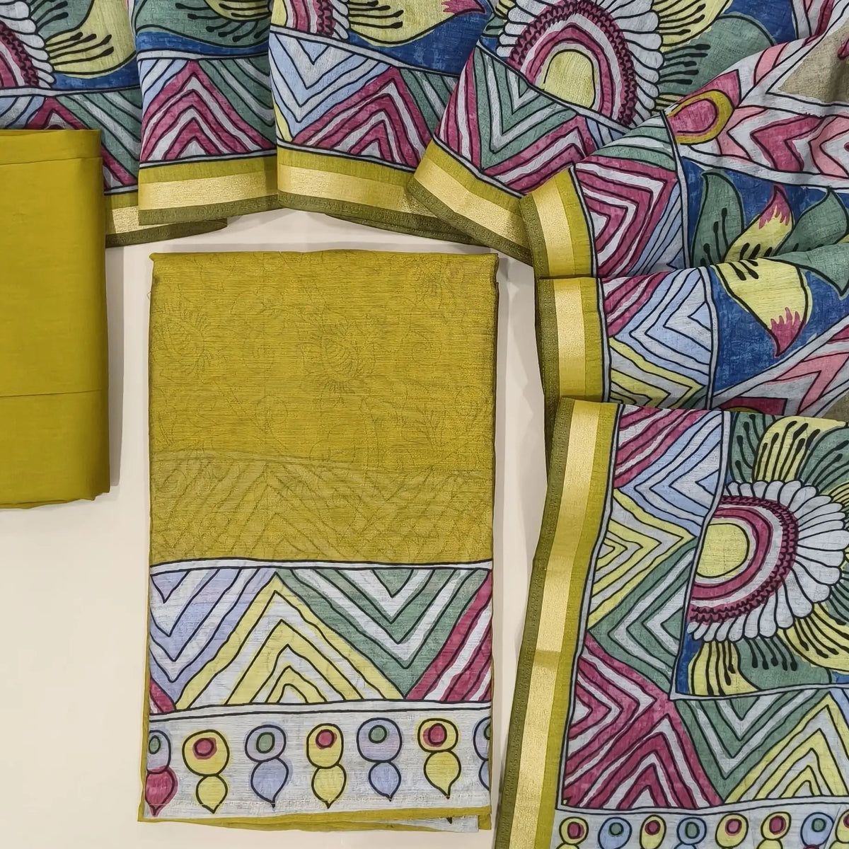 Mehandhi green chanderi silk cotton unstitched salwar material, sober printed all over,colorful daman,(lining needed) spun cotton bottom, digital printed full length premium chanderi silk cotton dupatta with  tissue borders. OC261302