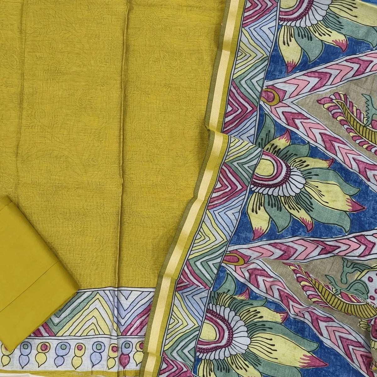 Mehandhi green chanderi silk cotton unstitched salwar material, sober printed all over,colorful daman,(lining needed) spun cotton bottom, digital printed full length premium chanderi silk cotton dupatta with  tissue borders. OC261302