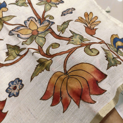 Rich beige pure linen cotton saree with rich art silk applique work all over,rich pallu,digital printed art silk blouse. NS271