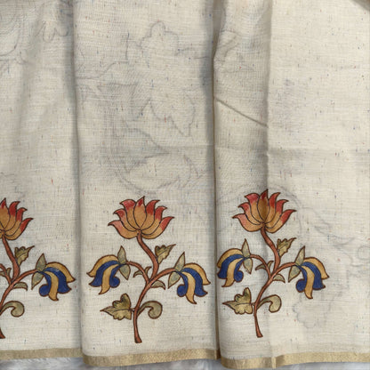 Rich beige pure linen cotton saree with rich art silk applique work all over,rich pallu,digital printed art silk blouse. NS271