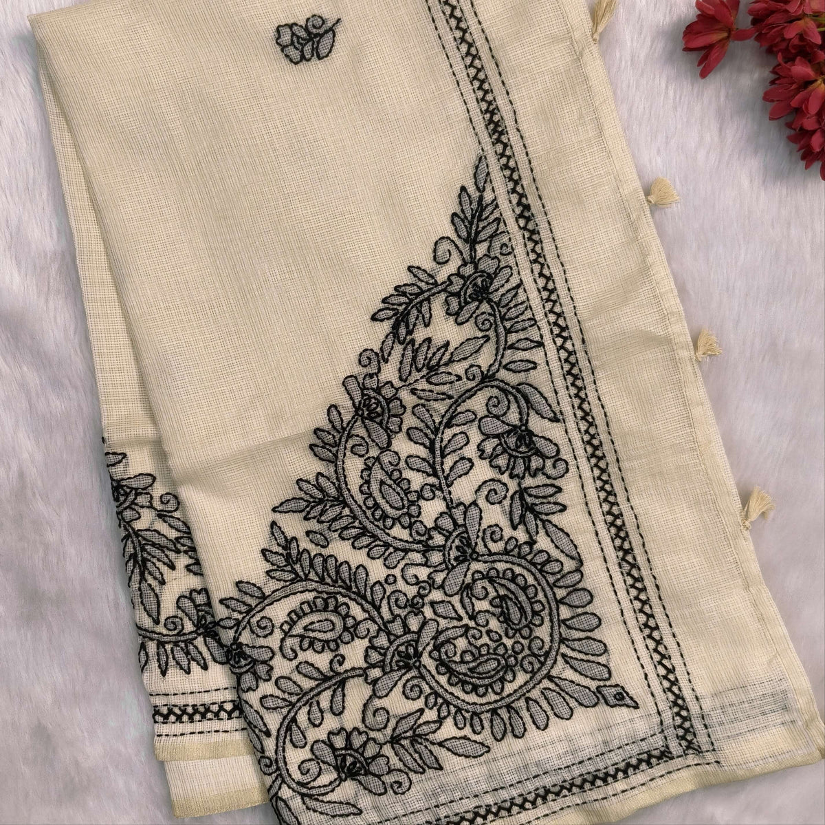 Rich beige premium kota silk saree with rich hand embroidery all over,(soft,thin)rich embroidery on pallu,running kota silk blouse with borders. NS269