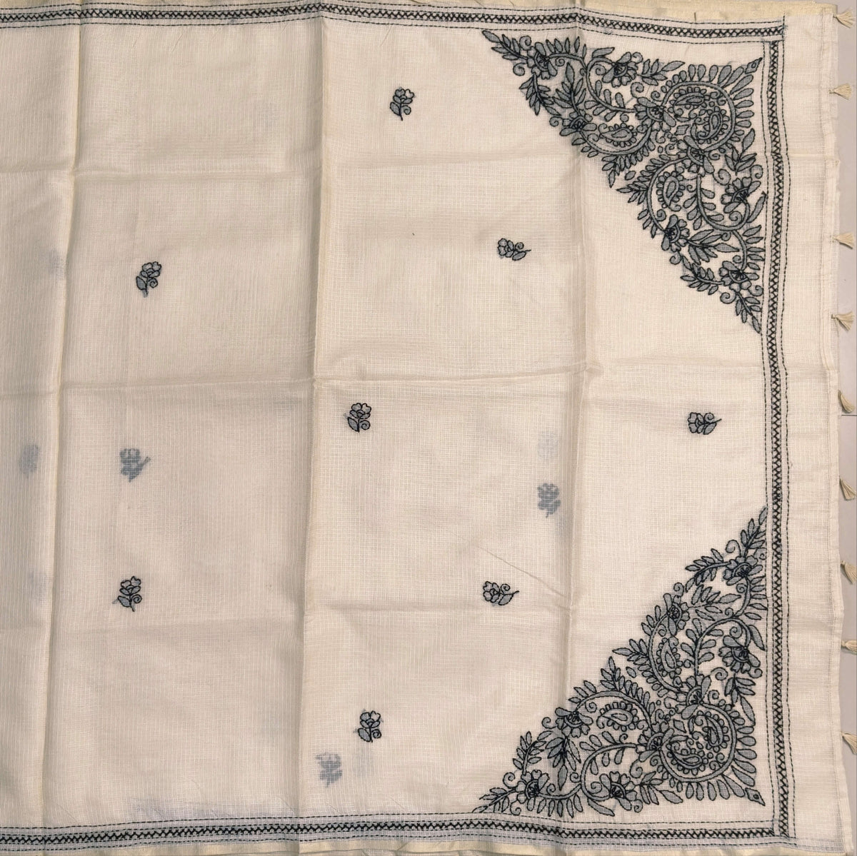 Rich beige premium kota silk saree with rich hand embroidery all over,(soft,thin)rich embroidery on pallu,running kota silk blouse with borders. NS269
