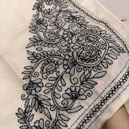Rich beige premium kota silk saree with rich hand embroidery all over,(soft,thin)rich embroidery on pallu,running kota silk blouse with borders. NS269