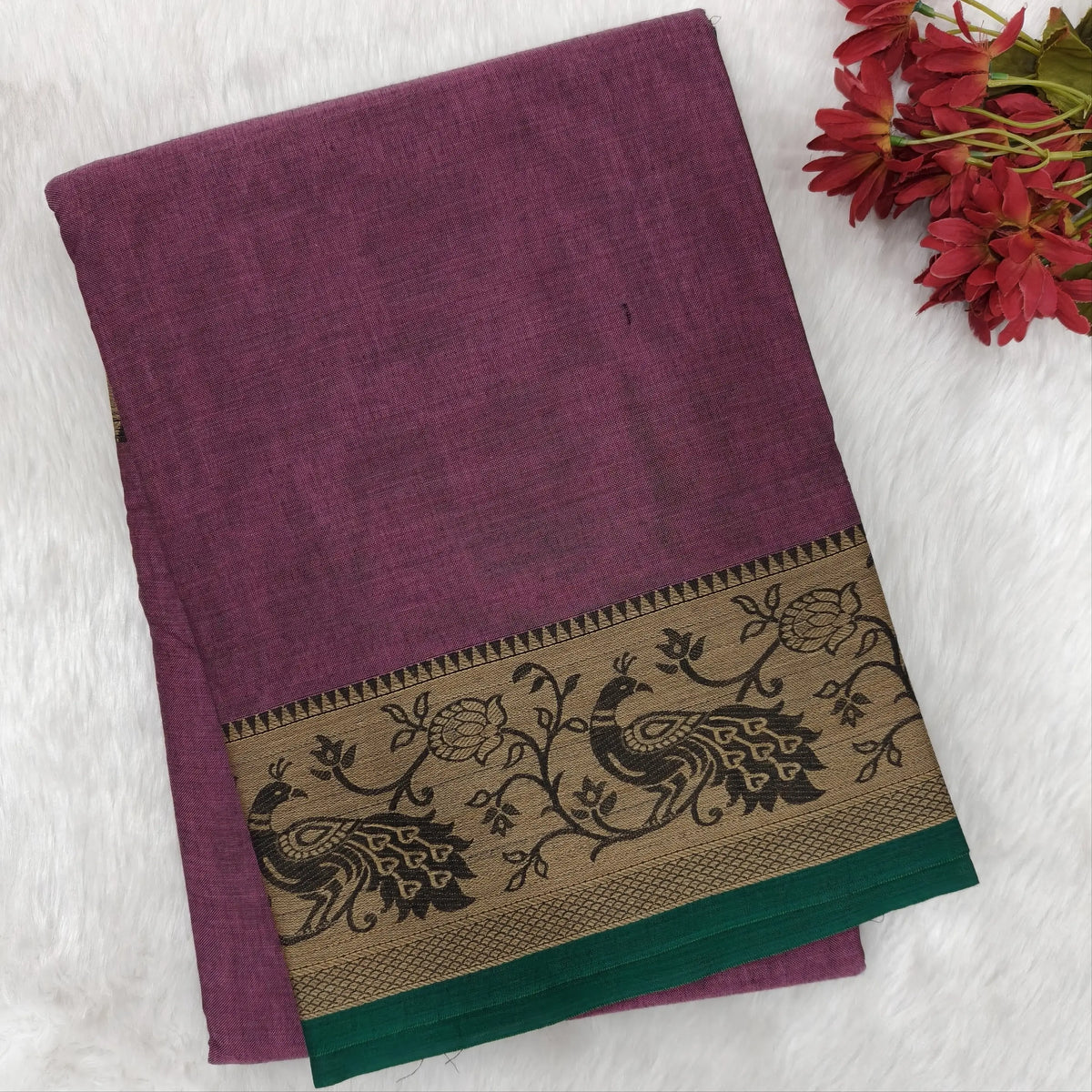 Dark mauve mercerised handloom cotton saree with thread woven peacock double side borders(thin, soft)running pallu and running blouse. NS363