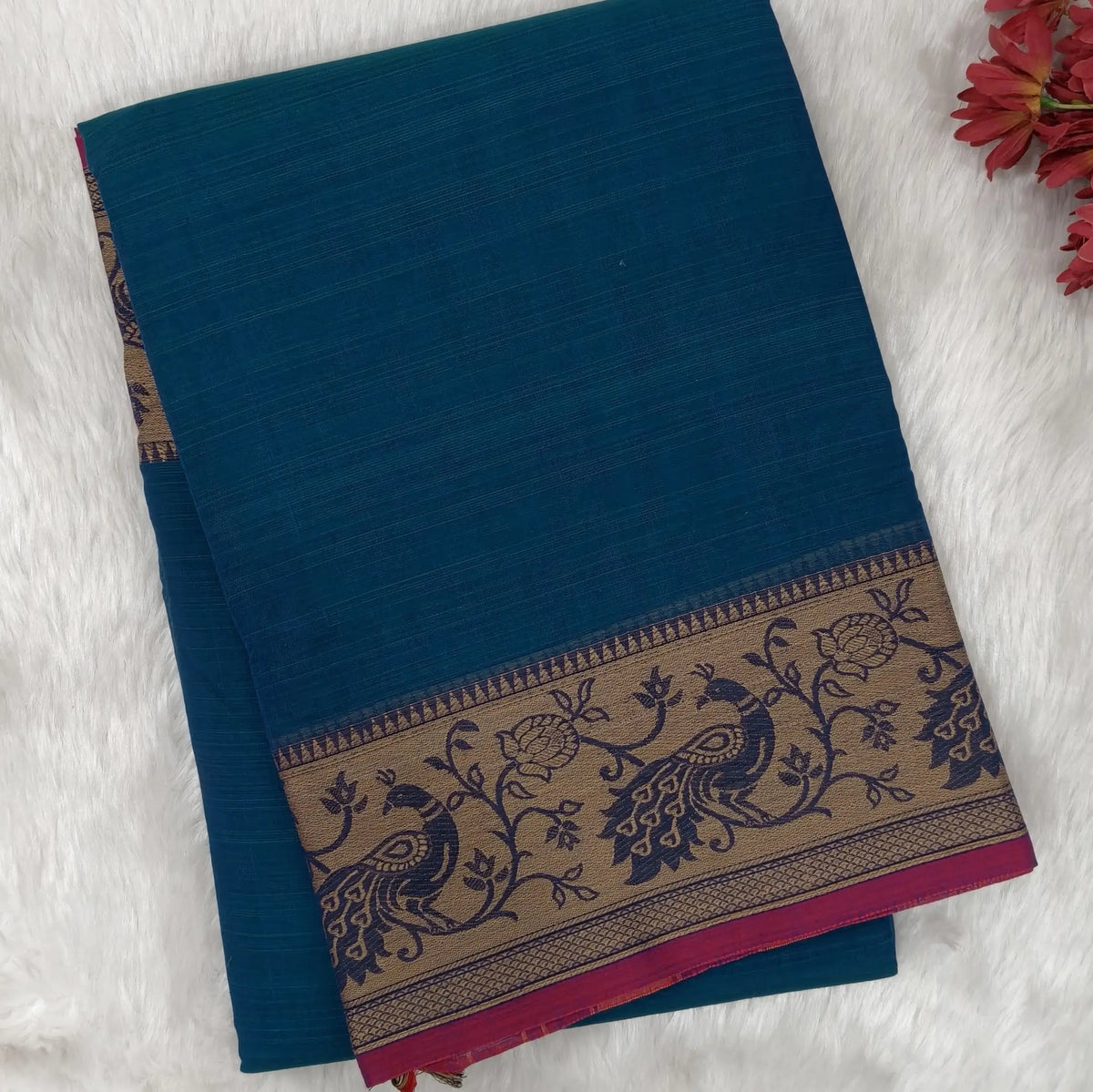 Peacock blue mercerised handloom cotton saree with thread woven peacock double side borders(thin, soft)running pallu and running blouse. NS364
