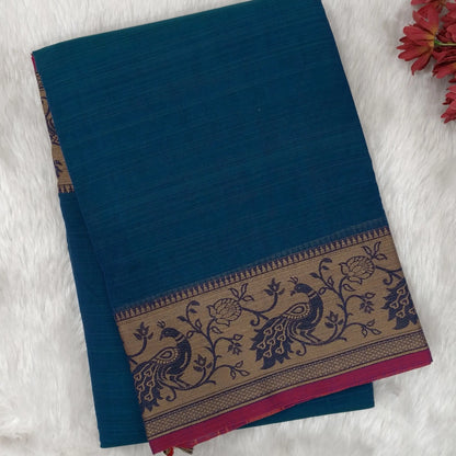Peacock blue mercerised handloom cotton saree with thread woven peacock double side borders(thin, soft)running pallu and running blouse. NS364