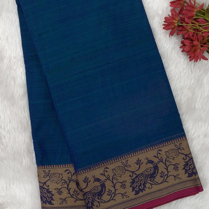 Peacock blue mercerised handloom cotton saree with thread woven peacock double side borders(thin, soft)running pallu and running blouse. NS364