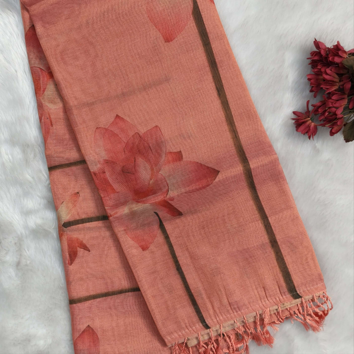 Pastel pink with golden tint tissue silk cotton saree(textured)with lotus digital prints all over,printed pallu,digital printed tissue silk cotton blouse with borders. NS268