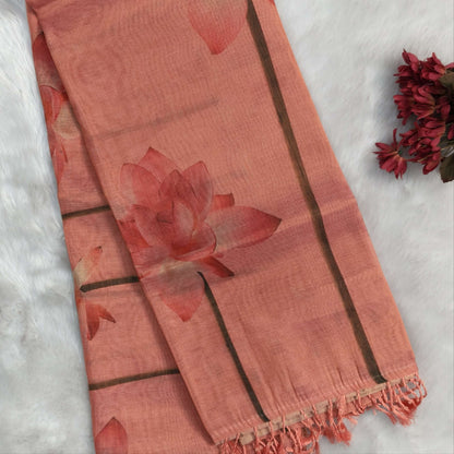 Pastel pink with golden tint tissue silk cotton saree(textured)with lotus digital prints all over,printed pallu,digital printed tissue silk cotton blouse with borders. NS268