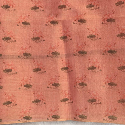 Pastel pink with golden tint tissue silk cotton saree(textured)with lotus digital prints all over,printed pallu,digital printed tissue silk cotton blouse with borders. NS268