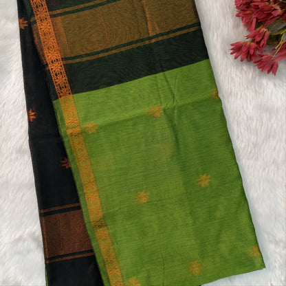 Black and leafy green semi maheshwari silk cotton saree (thin, lightweight) zari woven borders and buttas all over, contrast pallu, plain running blouse with borders. NS357