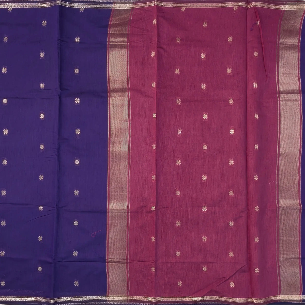 Dark purple and pink semi maheshwari silk cotton saree (thin, lightweight) zari woven borders and buttas all over, contrast pallu, plain running blouse with borders. NS358