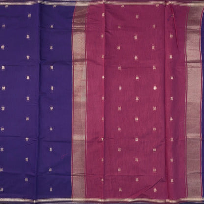 Dark purple and pink semi maheshwari silk cotton saree (thin, lightweight) zari woven borders and buttas all over, contrast pallu, plain running blouse with borders. NS358