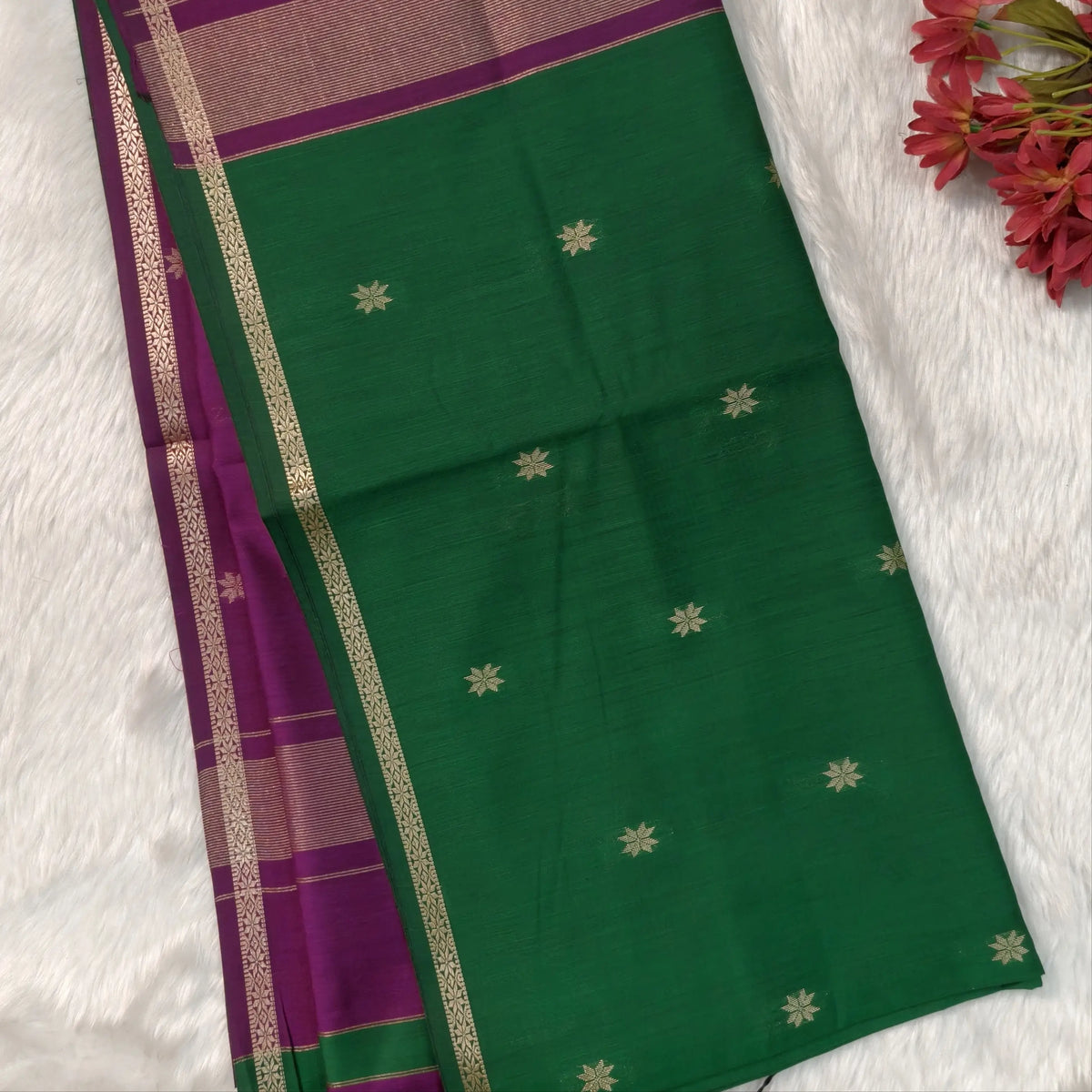 Purple and green semi maheshwari silk cotton saree (thin, lightweight) zari woven borders and buttas all over, contrast pallu, plain running blouse with borders. NS359