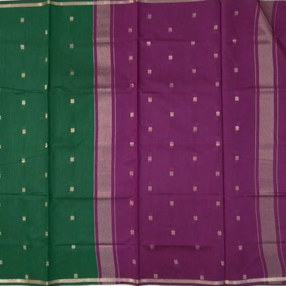 Purple and green semi maheshwari silk cotton saree (thin, lightweight) zari woven borders and buttas all over, contrast pallu, plain running blouse with borders. NS359