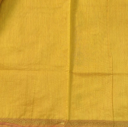 Bright pink and yellow semi maheshwari silk cotton saree (thin, lightweight) zari woven borders and buttas all over, contrast pallu, plain running blouse with borders. NS361