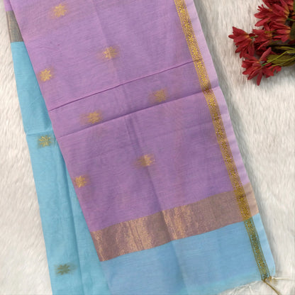 Pastel blue and lavender semi maheshwari silk cotton saree (thin, lightweight) zari woven borders and buttas all over, contrast pallu, plain running blouse with borders. NS363
