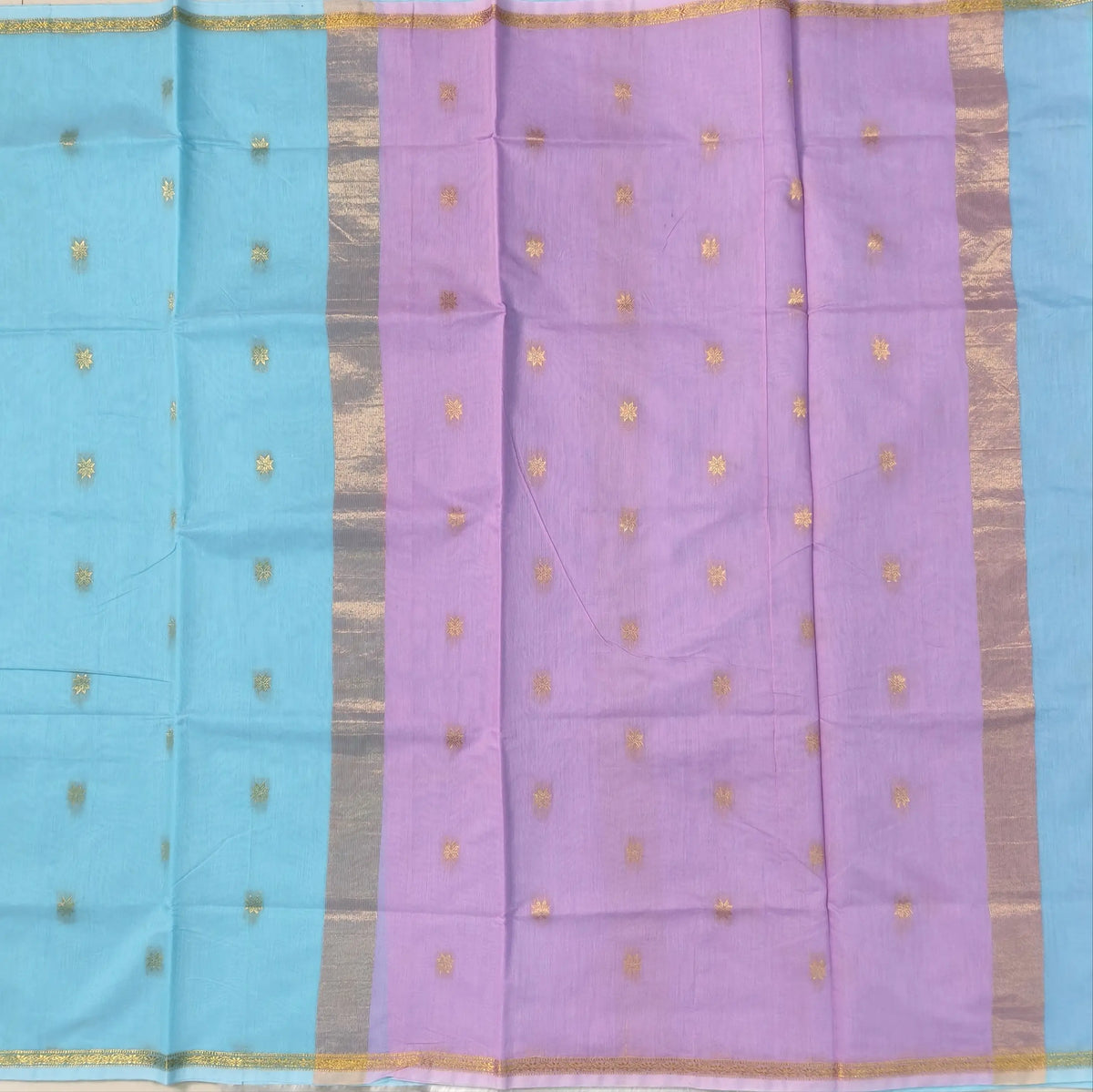 Pastel blue and lavender semi maheshwari silk cotton saree (thin, lightweight) zari woven borders and buttas all over, contrast pallu, plain running blouse with borders. NS363