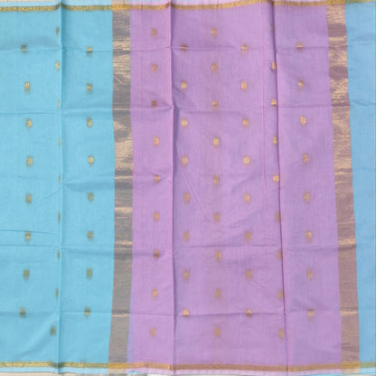 Pastel blue and lavender semi maheshwari silk cotton saree (thin, lightweight) zari woven borders and buttas all over, contrast pallu, plain running blouse with borders. NS363
