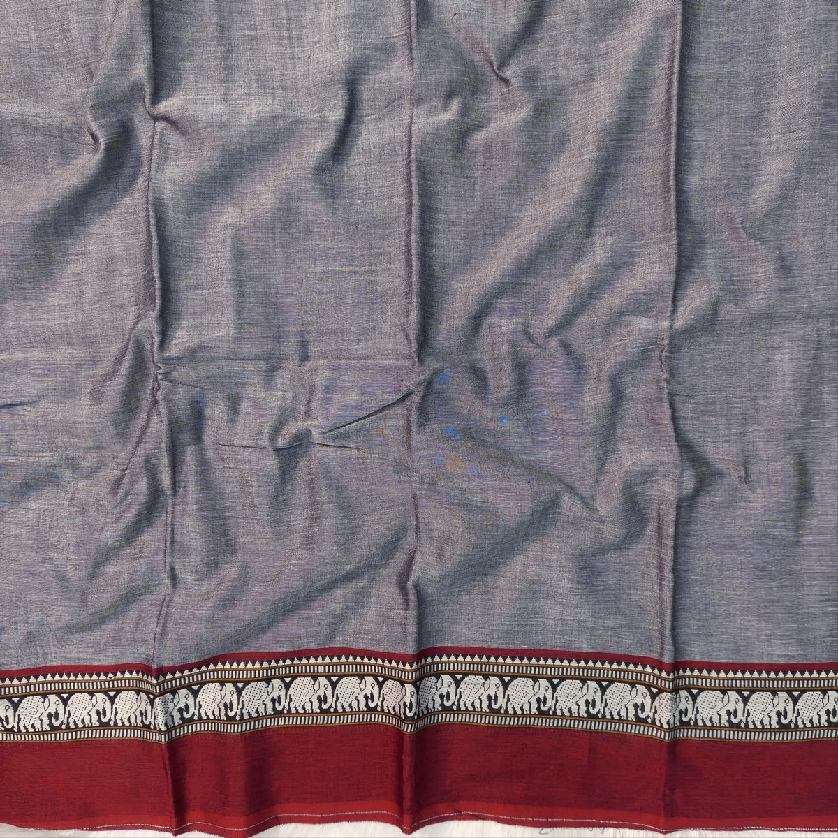 Grey mercerised handloom cotton saree with thread woven elephant double side borders(thin, soft)running pallu and running blouse. NS365
