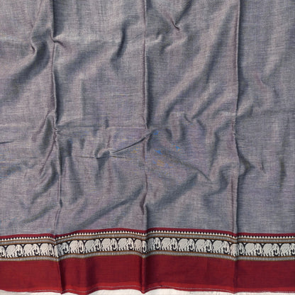 Grey mercerised handloom cotton saree with thread woven elephant double side borders(thin, soft)running pallu and running blouse. NS365