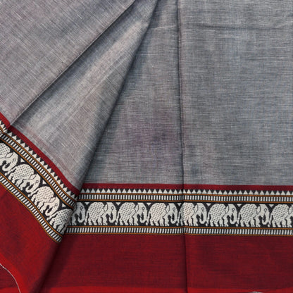 Grey mercerised handloom cotton saree with thread woven elephant double side borders(thin, soft)running pallu and running blouse. NS365