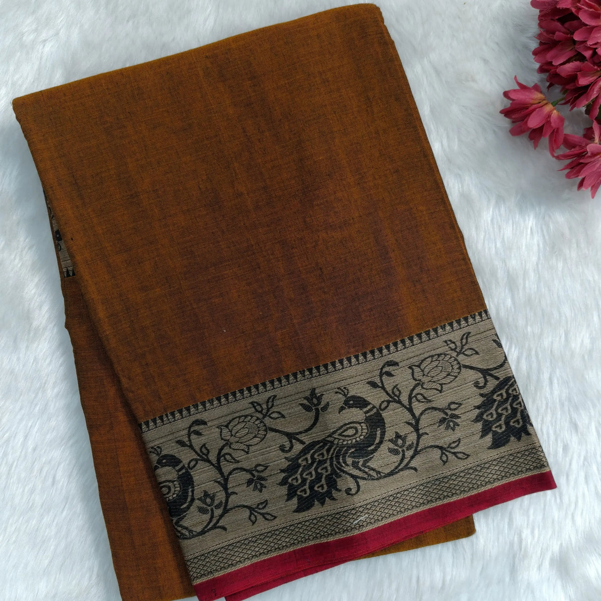 Dark fenugreek yellow mercerised handloom cotton saree with thread woven peacock double side borders(thin, soft)running pallu and running blouse. NS362