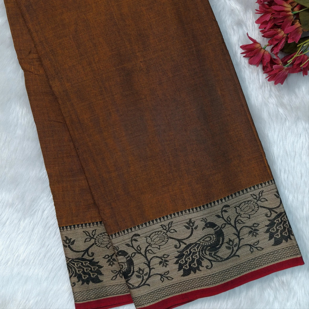 Dark fenugreek yellow mercerised handloom cotton saree with thread woven peacock double side borders(thin, soft)running pallu and running blouse. NS362