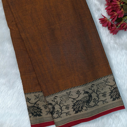 Dark fenugreek yellow mercerised handloom cotton saree with thread woven peacock double side borders(thin, soft)running pallu and running blouse. NS362