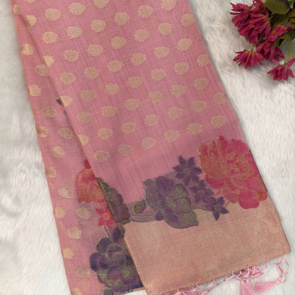 Pastel pink premium jamdani woven silk cotton saree,with zari woven buttas all over,gold zari woven double side borders,jamdani weaving on pallu with tassles, running blouse with zari buttas and borders. NS250