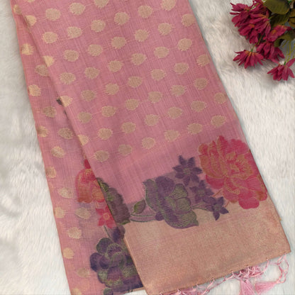 Pastel pink premium jamdani woven silk cotton saree,with zari woven buttas all over,gold zari woven double side borders,jamdani weaving on pallu with tassles, running blouse with zari buttas and borders. NS250