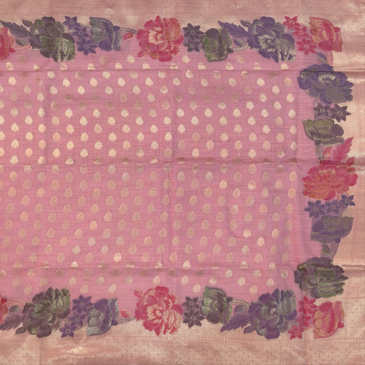 Pastel pink premium jamdani woven silk cotton saree,with zari woven buttas all over,gold zari woven double side borders,jamdani weaving on pallu with tassles, running blouse with zari buttas and borders. NS250