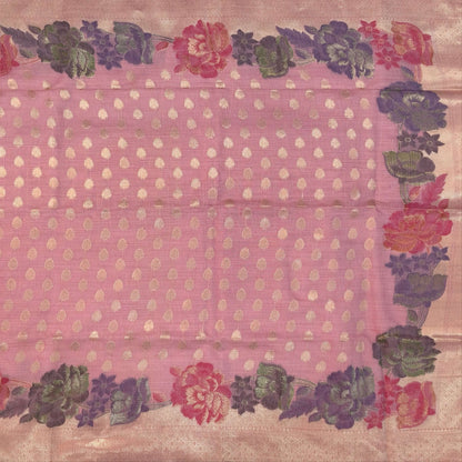Pastel pink premium jamdani woven silk cotton saree,with zari woven buttas all over,gold zari woven double side borders,jamdani weaving on pallu with tassles, running blouse with zari buttas and borders. NS250