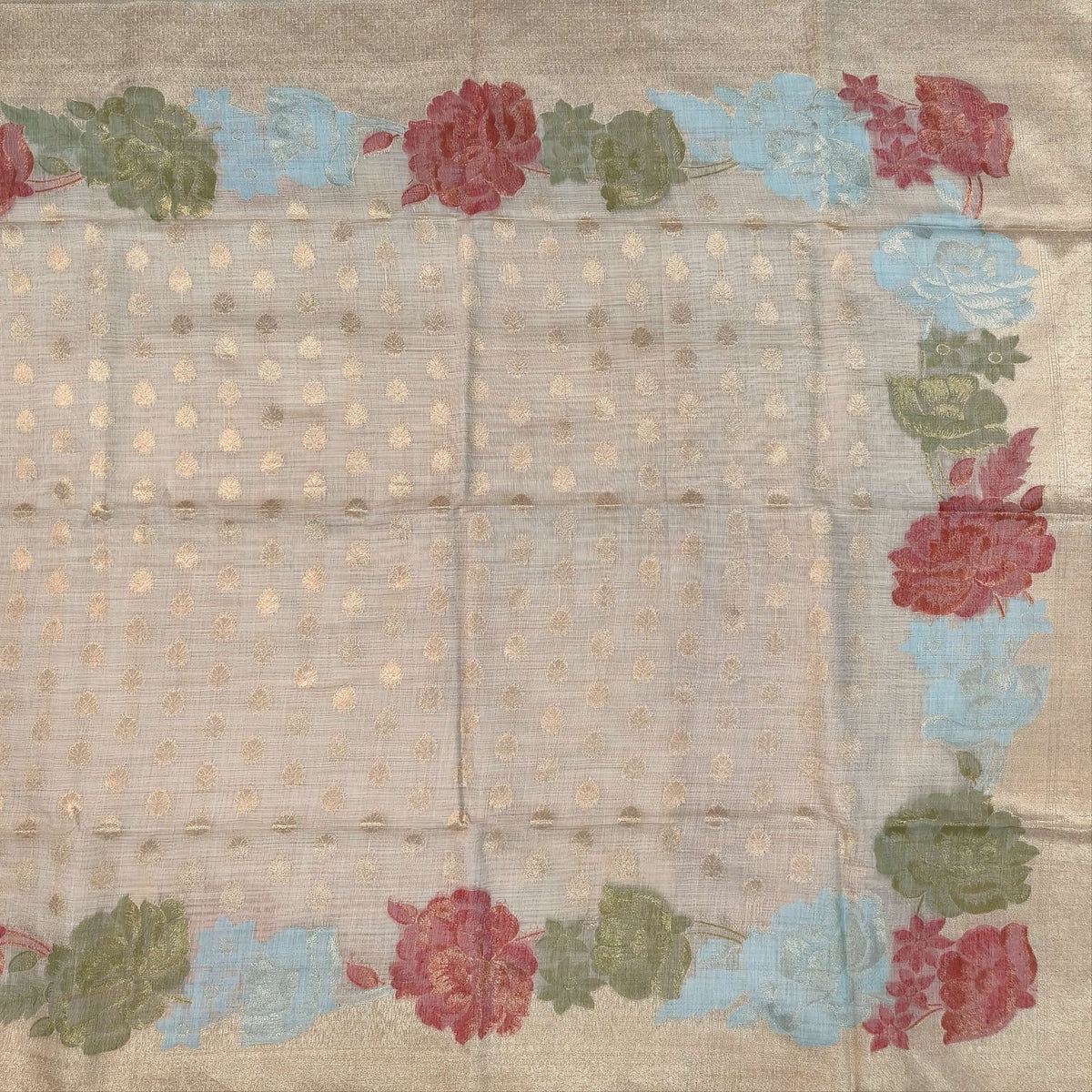 Beige premium jamdani woven silk cotton saree,with zari woven buttas all over,gold zari woven double side borders,jamdani weaving on pallu with tassles, running blouse with zari buttas and borders. NS254