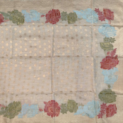 Beige premium jamdani woven silk cotton saree,with zari woven buttas all over,gold zari woven double side borders,jamdani weaving on pallu with tassles, running blouse with zari buttas and borders. NS254