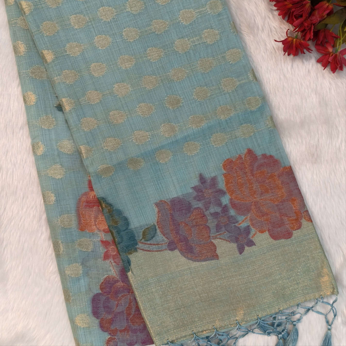 Pastel blue premium jamdani woven silk cotton saree,with zari woven buttas all over,gold zari woven double side borders,jamdani weaving on pallu with tassles, running blouse with zari buttas and borders. NS251