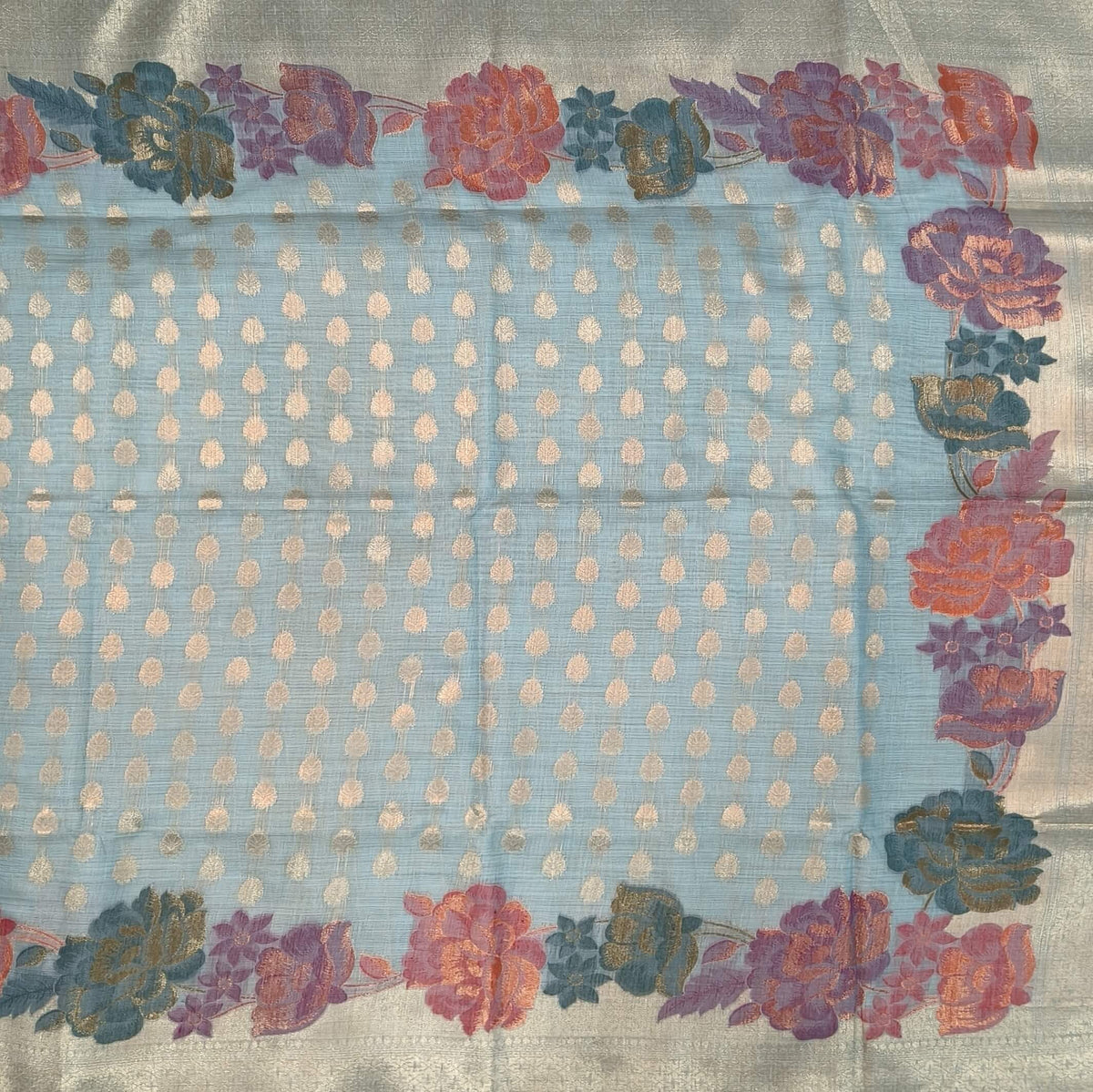 Pastel blue premium jamdani woven silk cotton saree,with zari woven buttas all over,gold zari woven double side borders,jamdani weaving on pallu with tassles, running blouse with zari buttas and borders. NS251