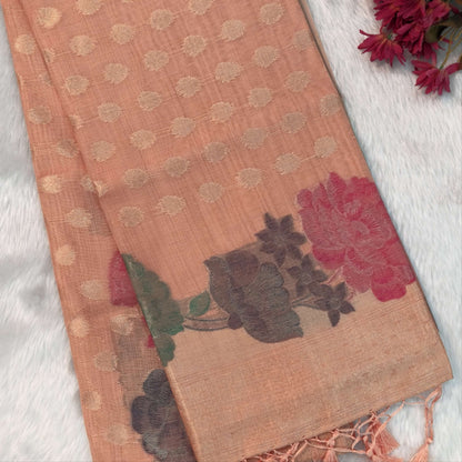 Pastel peach premium jamdani woven silk cotton saree,with zari woven buttas all over,gold zari woven double side borders,jamdani weaving on pallu with tassles, running blouse with zari buttas and borders. NS253