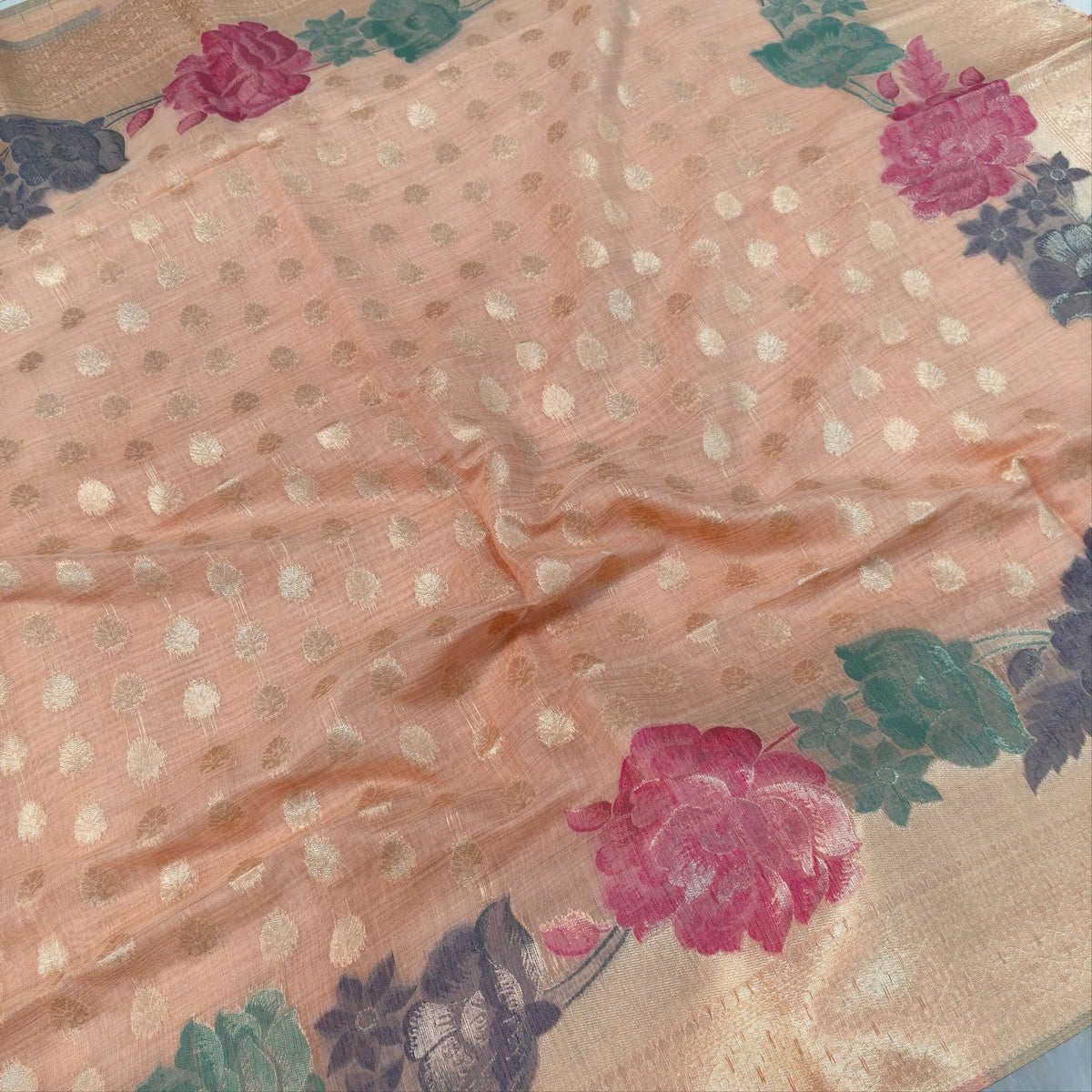Pastel peach premium jamdani woven silk cotton saree,with zari woven buttas all over,gold zari woven double side borders,jamdani weaving on pallu with tassles, running blouse with zari buttas and borders. NS253