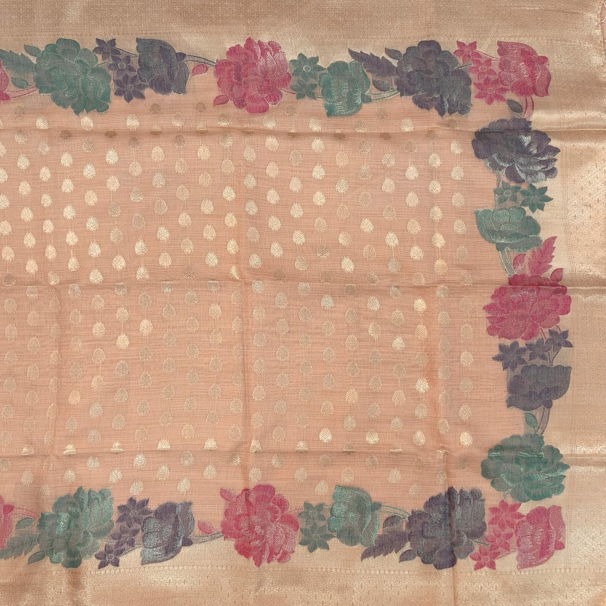 Pastel peach premium jamdani woven silk cotton saree,with zari woven buttas all over,gold zari woven double side borders,jamdani weaving on pallu with tassles, running blouse with zari buttas and borders. NS253