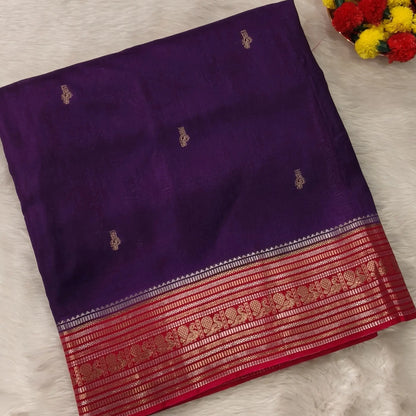 Purple jakard viscous silk saree with zari woven buttas all over, contrast double side gold and silver zari woven border (Silky, Thin)Contrast pallu with striped, crepe silk blouse with zari buttas. NS368