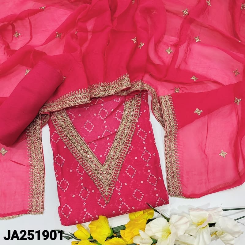Bright pink bandhini printed pure organza unstitched salwar material v neck with zari& sequins work