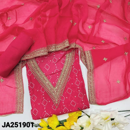 Bright pink bandhini printed pure organza unstitched salwar material v neck with zari& sequins work