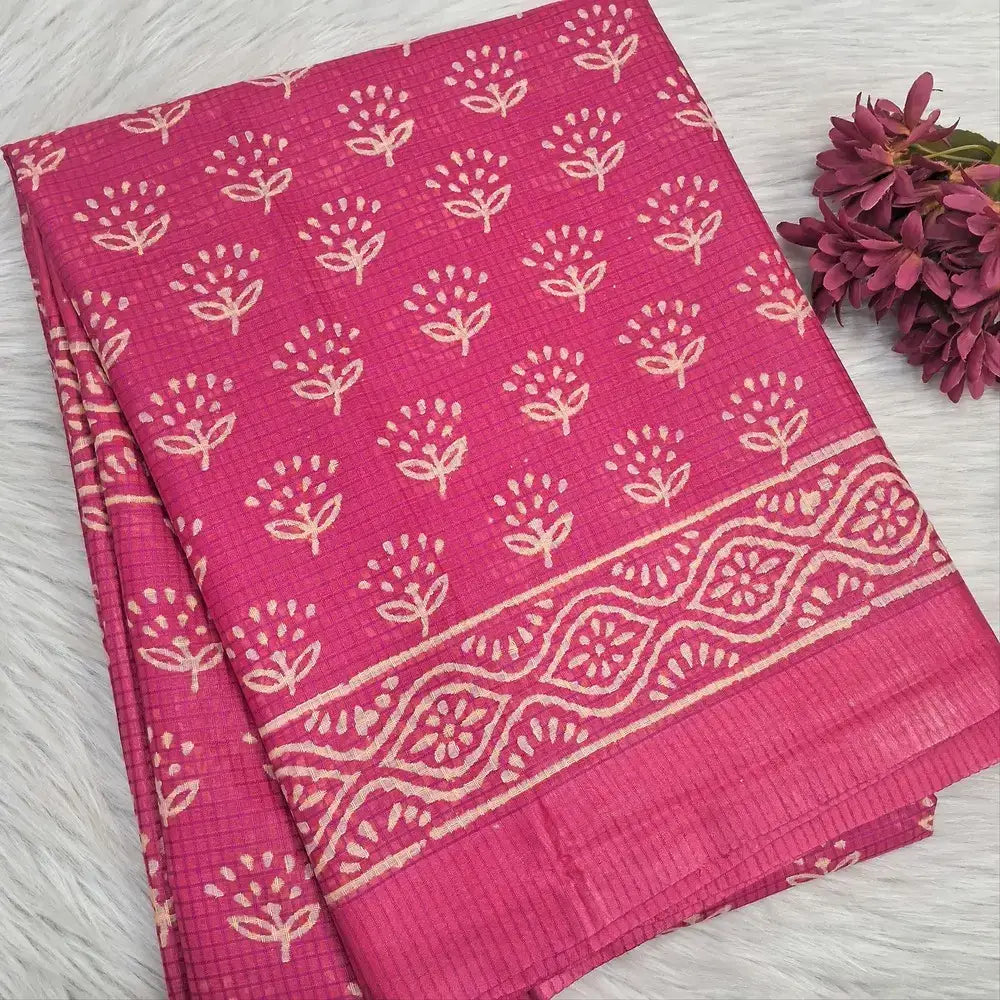 Pink block printed soft silk cotton saree ns214-Neidhal